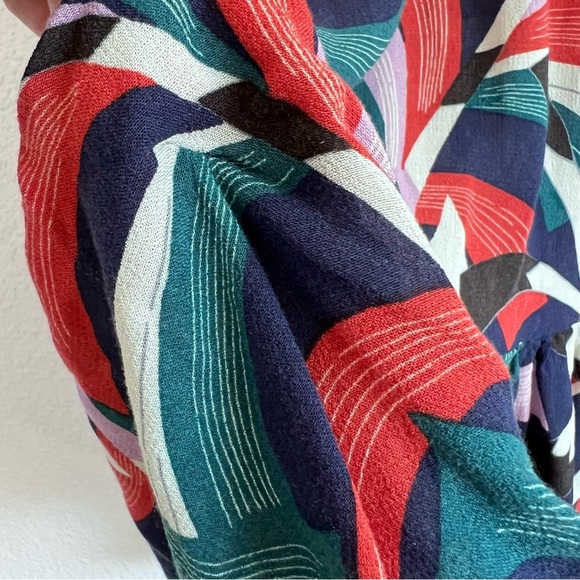 Maeve Anthropologie Cheyenne Blouse Peplum Geometric Brick Navy - Picture 3 of 15